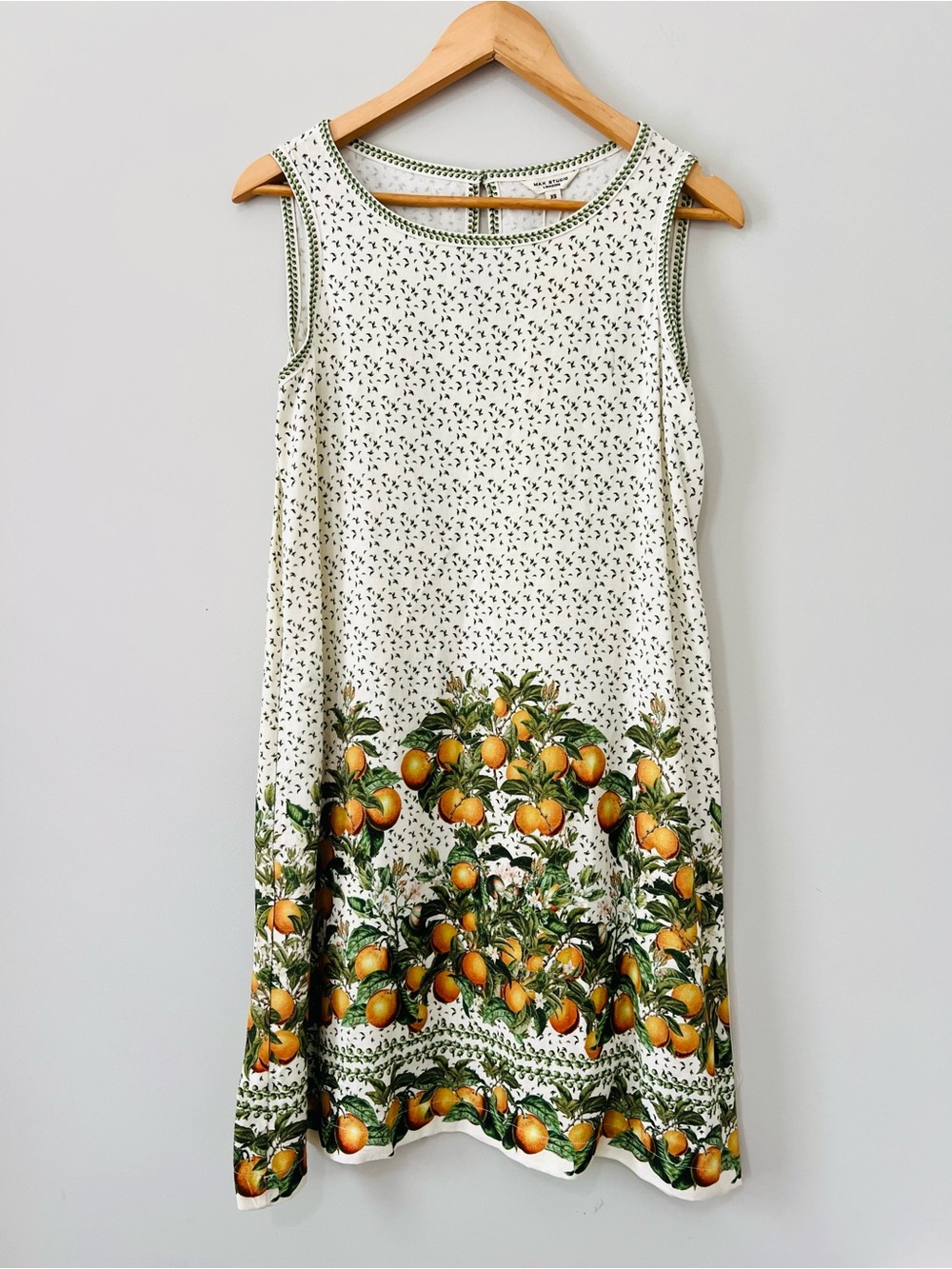 Max Studio London Citrus Orange Orchard Print Linen Blend Shift Dress Sz XS